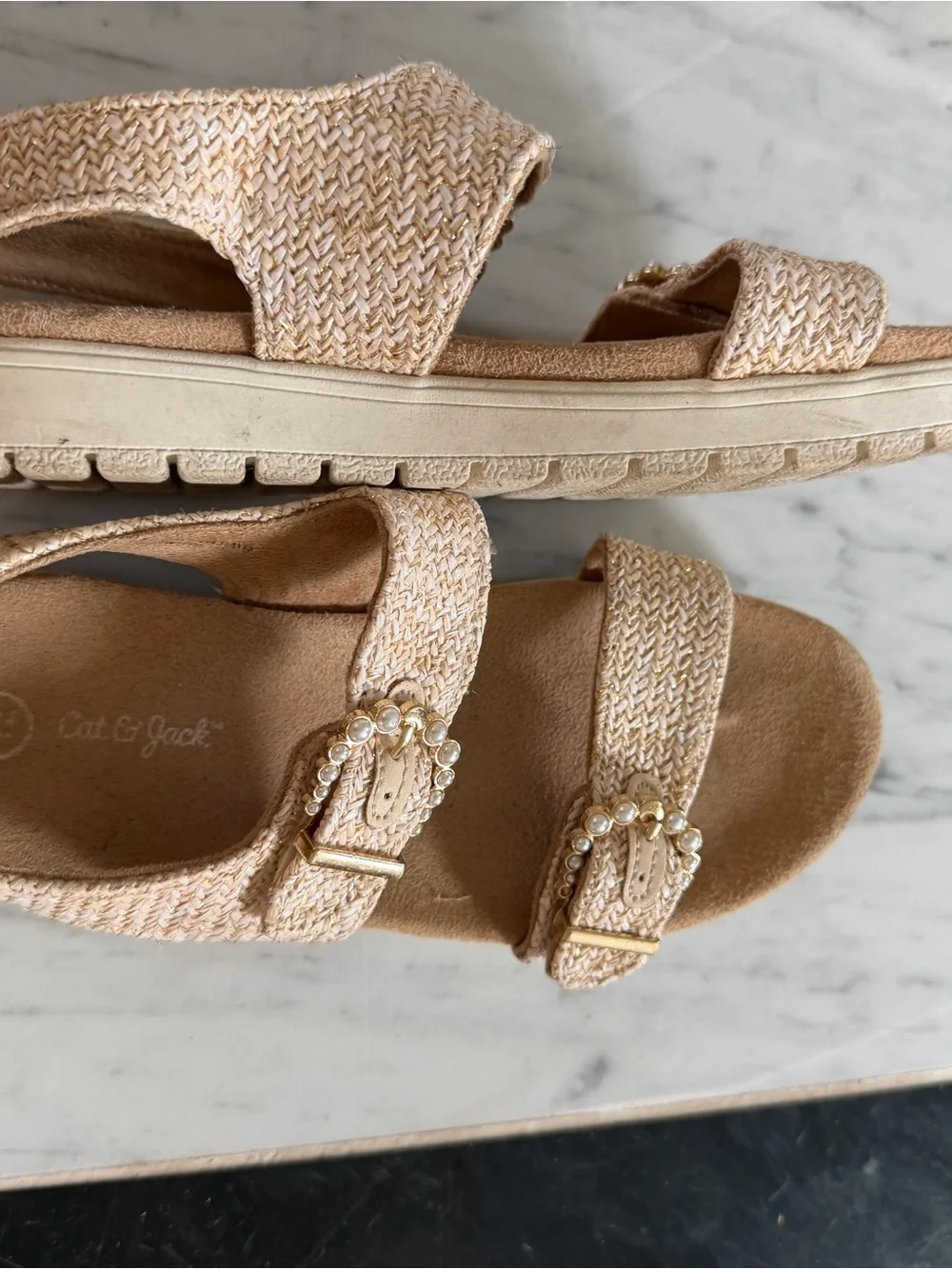 Cat & Jack Pearl-Embellished Beige Woven Slide Sandals